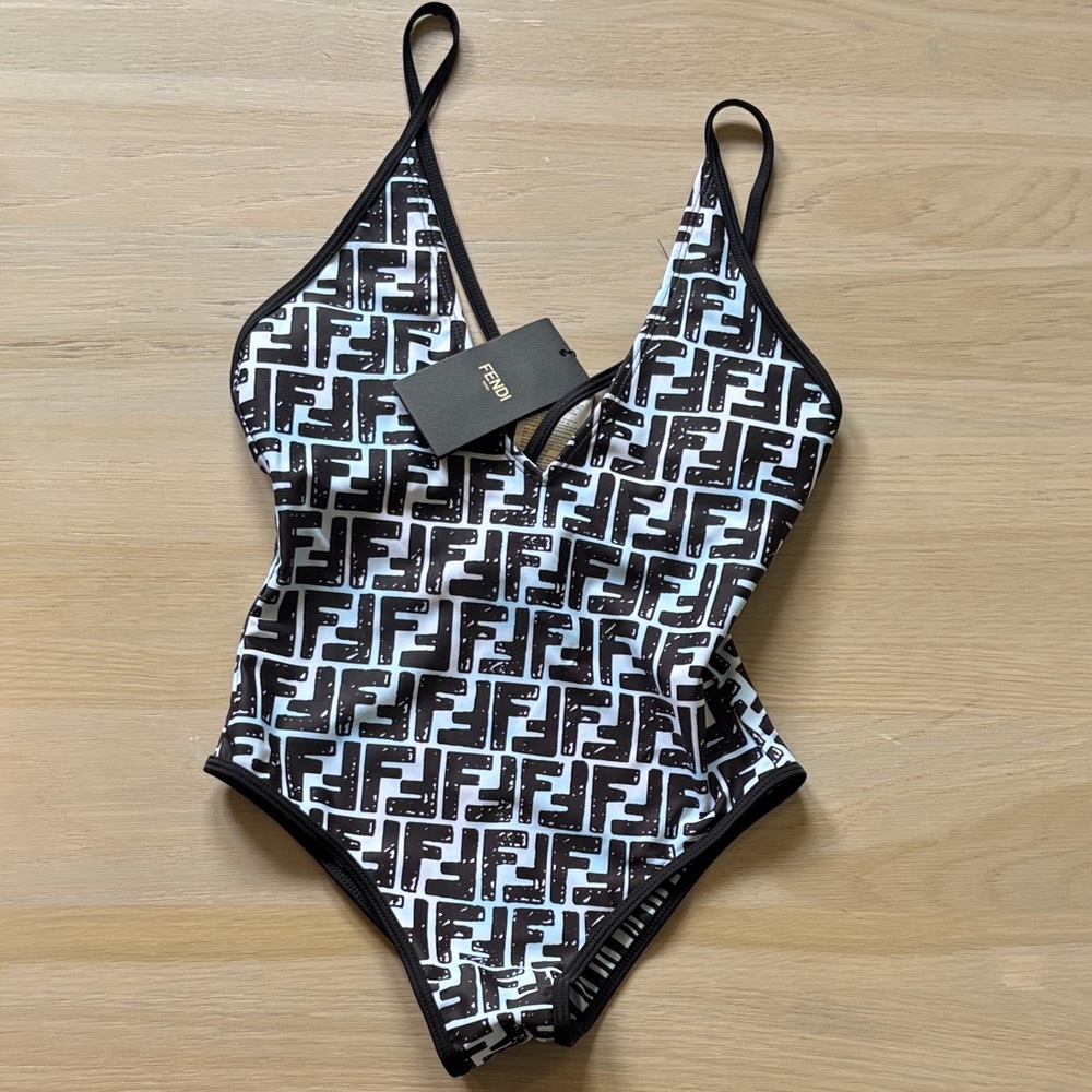 Fendi Black and White Logo One-Piece Swimsuit